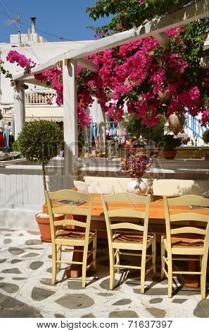 Restaurant under flowering trees in street of Chora Mykonos