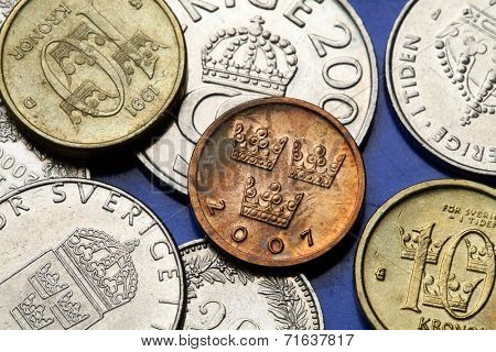 Coins of Sweden. Three Swedish crowns depicted in Swedish ore coin.