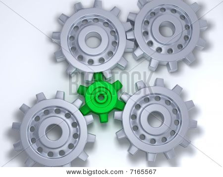 Silber Zahnräder mit eine grüne