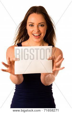 Preety Assian Caucasian Woman Holding A White Card