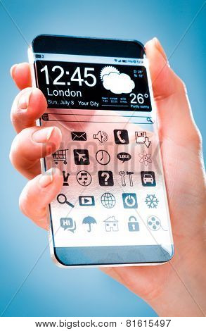 Futuristic Smart phone (phablet) with a transparent display in human hands. Concept actual future innovative ideas and best technologies humanity.