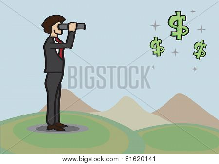 Businessman Spots Money Opportunities In Distance With Telescope