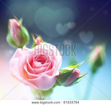 Beautiful Pink Roses. Vintage Styled card design. Retro style toned. Valentine's day bouquet. Soft focus
