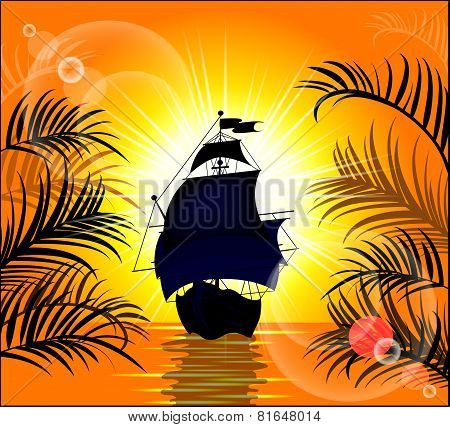 Beautiful Ship In The Background Of Wonderful Sunset