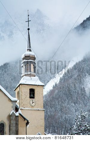 Church in Chamonix town in winter