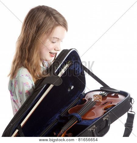 Young Girl In Studio With New Violin In Case