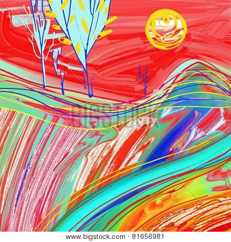 digital painting of red sunset landscape