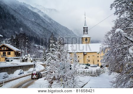 Church in Chamonix town in winter
