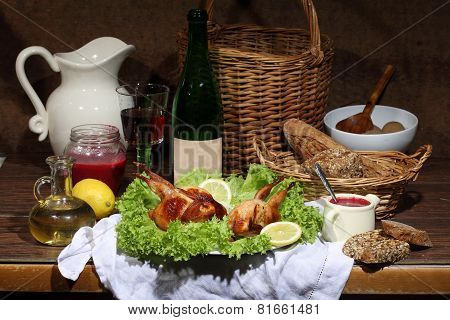 Has Sung Submitted With Wine, Cowberry Sauce And Leaves Of Fresh Salad
