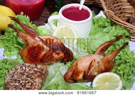 Has Sung Submitted With Cowberry Sauce And Leaves Of Fresh Salad