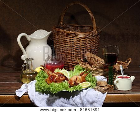 Has Sung Submitted With Wine, Cowberry Sauce And Leaves Of Fresh Salad