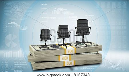 Stack of money with three office chairs on top