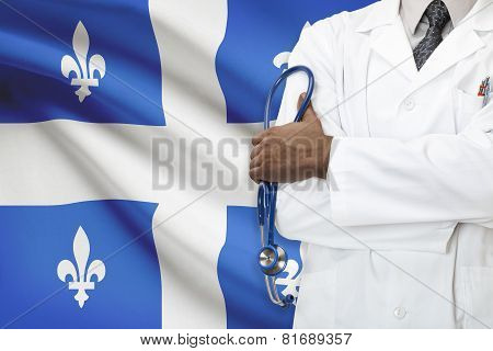 Concept Of Canadian Healthcare System - Quebec province flag on background