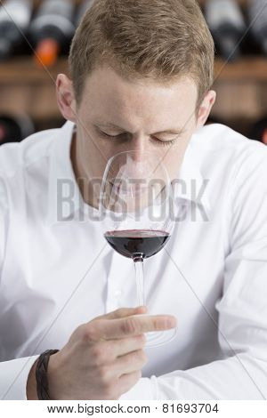 Young Man Smelling A Red Wineglass.