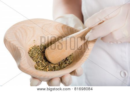 Woman doctor using a mortar and pestle, herbal medicine