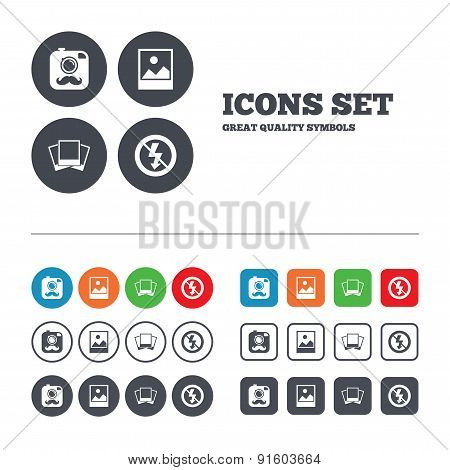 Photo camera icon. No flash light sign.
