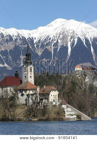 Island Of Lake Bled In Slovenia Europe And The Mountains In The Background
