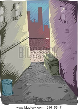 Illustration of a Mysterious Dark Alley in a Modern City