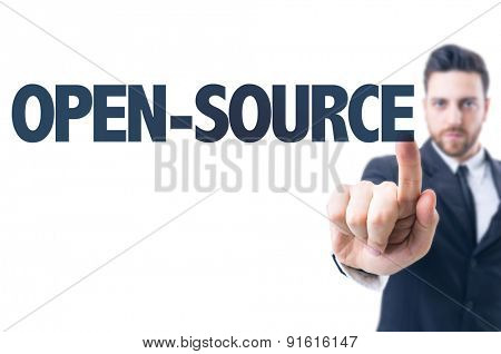 Business man pointing the text: Open-Source