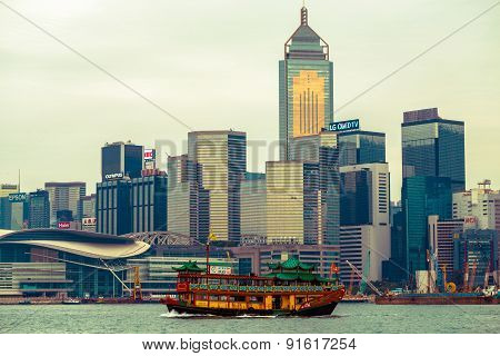 HONG KONG CHINA - DEC 5: Old classic boat at Victoria Harbour on December 5 2014 in Hong Kong China. With 7M population it is one of the most dense areas in the world.