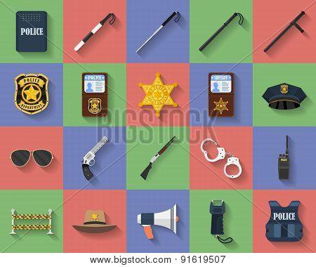 Icon set of police regimentals, uniform, weapons, accessories. Flat style