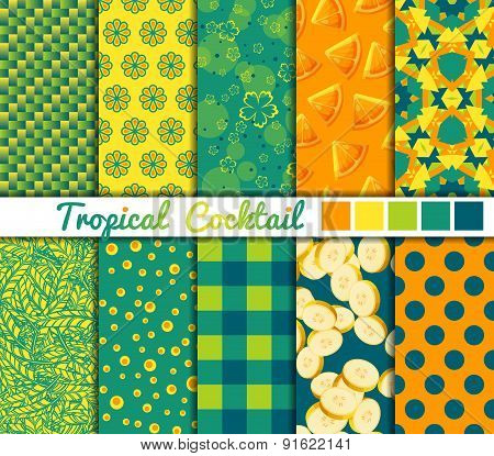 Set of 10 simple seamless patterns. 'Tropical Cocktail' color palette.