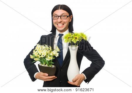 Handsome businessman with flower pot isolated on white