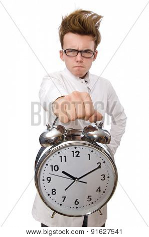 Funny doctor with alarm clock isolated on white