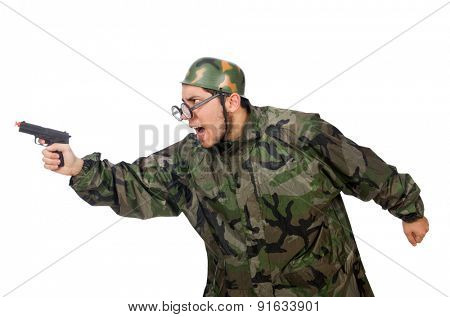 Military man with a gun isolated on white