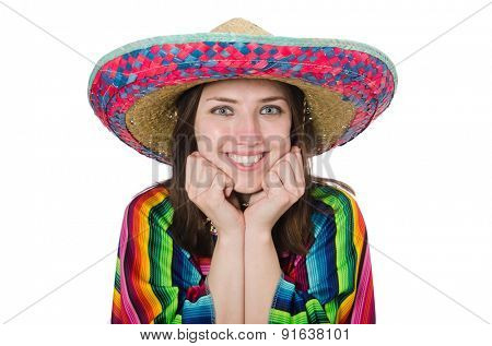 Pretty mexican girl in vivid poncho isolated on white