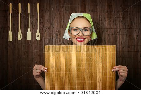 Funny Rural Woman Cook Holdin Ledle And Chopping Shim, Space For Your Text