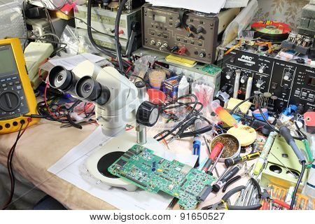 MOSCOW - MAY 23, 2014: The microscope for microelectronics and other devices on a master workplace