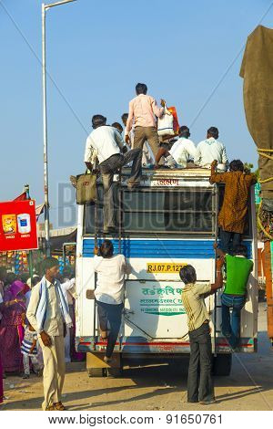 People Travel By Overland Bus At The Jodhpur Highway