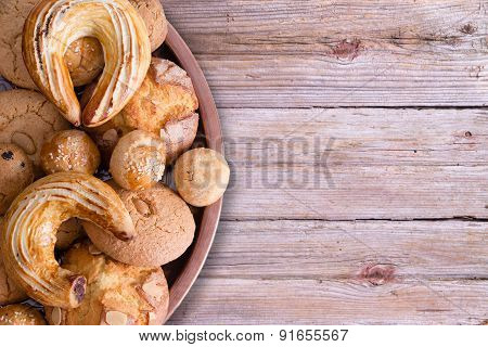 Tasty Turkish Pastries On Tray On Wooden Table
