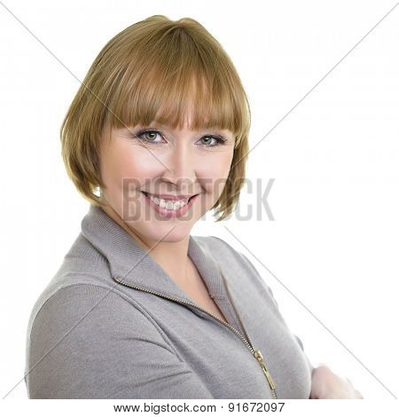 Portrait of a smiling attractive middle aged caucasian woman isolated on white background