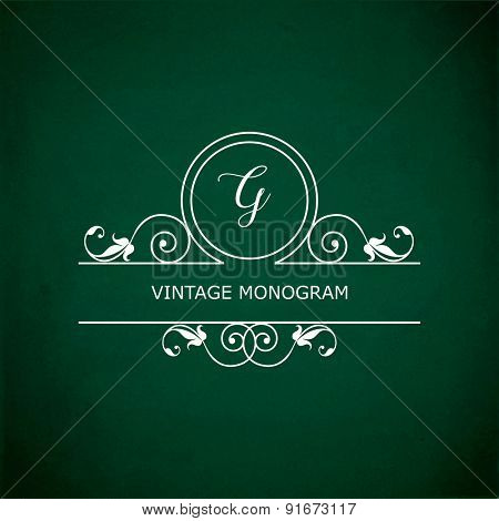 Monogram of the letter G, in retro floral style on green chalkboard background. EPS10 vector format