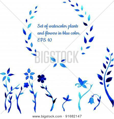 Set of watercolor round floral frame,  herbs, leafs and flowers in blue color