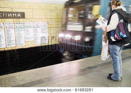 MOSCOW, RUSSIA  -  APRIL 12, 2015: Sokolnicheskaya line - the first line of the Moscow metro. Station of the Moscow metro 