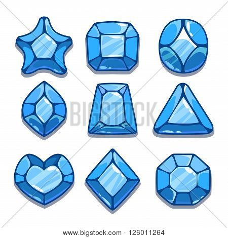 Cartoon blue different shapes gems set, game ui assets,  isolated on white