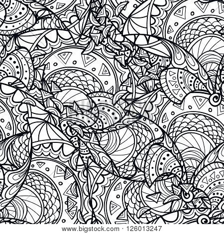 Vector doodle seamless pattern. Coloring book for adult and children.Coloring page. Outline abstract wavy drawing.