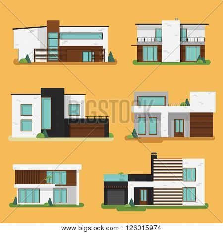 Set Colorful Modern Residential Houses. Flat design vector concept illustration.
