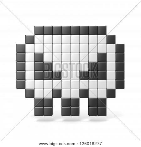 Pixelated 8bit skull icon. Front view. 3D render illustration isolated on white background