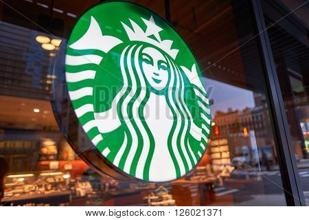 NEW YORK - CIRCA MARCH 2016: logo of Starbucks Cafe. Starbucks Corporation is an American global coffee company and coffeehouse chain based in Seattle, Washington
