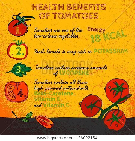 Health benefits of ripe tomatoes. Medicine image with icons and elements in hand drawn style on a textured background. Vector illustration made in orange, red, yellow and green colors.