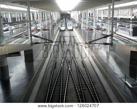 Madrid Spain April 6th 2016. Top view of Madrid Atocha Railway station with train and platform. Madrid Spain April 6th 2016.