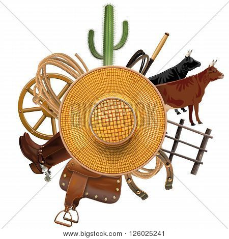 Vector Cowboy Ranch Concept with Straw Hat isolated on white background