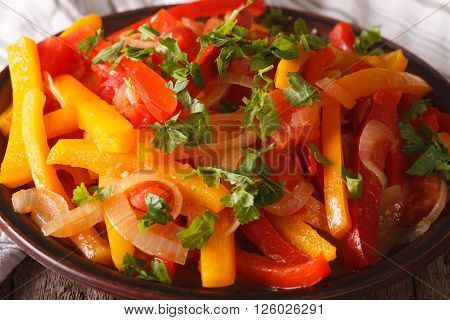 Stewed Peppers With Tomatoes And Onions Close Up. Horizontal
