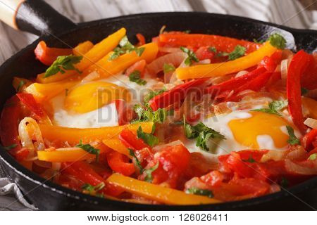 Piperrada: Peppers With Fried Eggs On The Pan Macro. Horizontal
