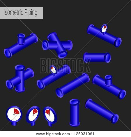 Vector 3d flat isometric illustration collection of detailed Construction Pieces: pipes fittings gate valve faucet ells.