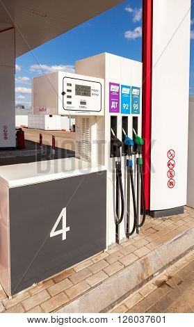SAMARA RUSSIA - APRIL 16 2016: Filling the column with different fuels at the gas station Lukoil. Lukoil is one of the russian oil companies